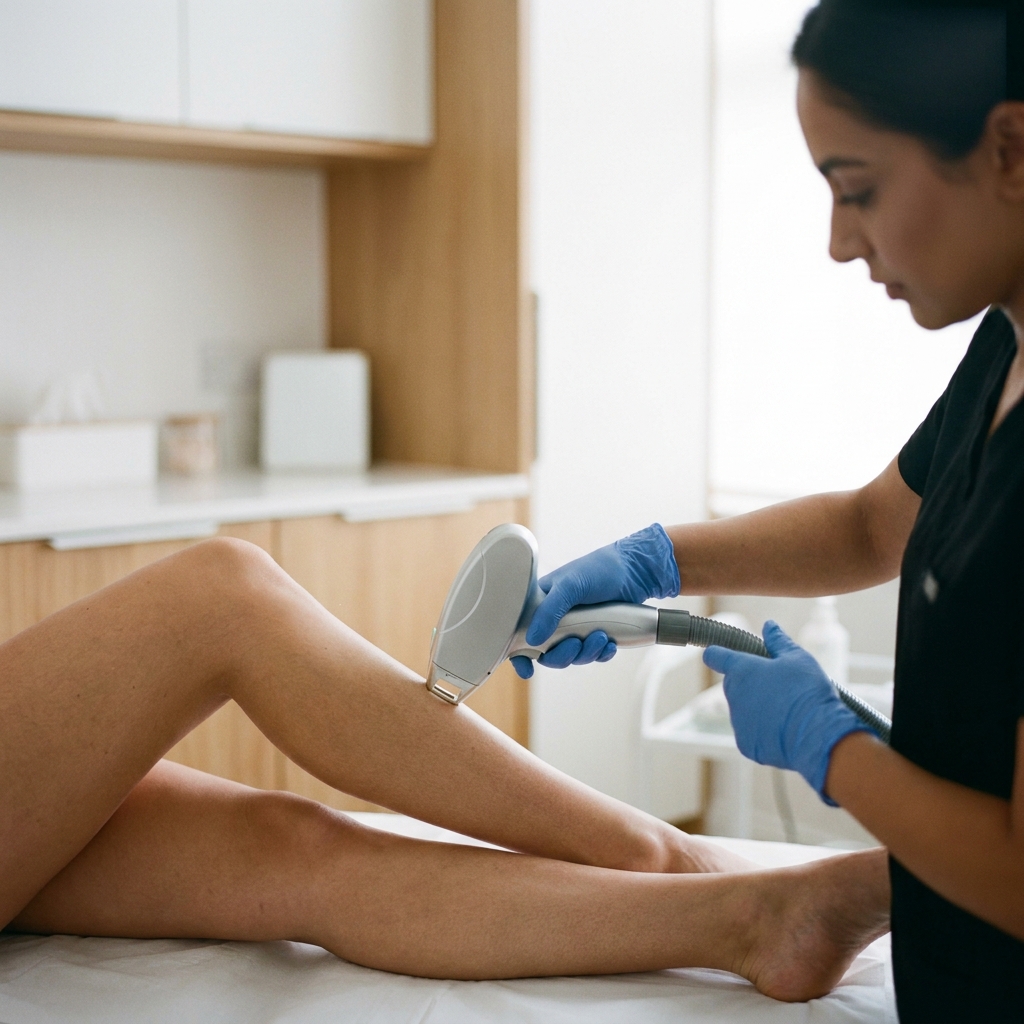 A laser hair removal session on a leg in a UK clinic